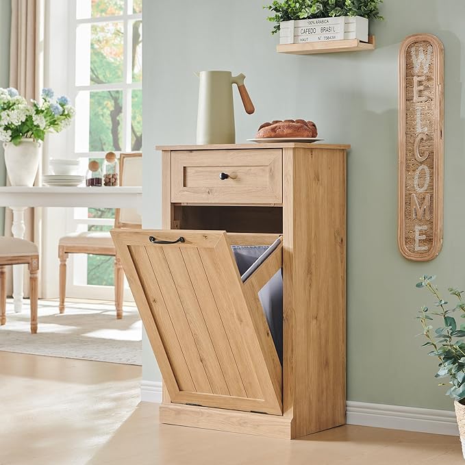 Tilt Out Laundry Hamper Cabinet, 10 Gallon Farmhouse Trash Can Cabinet with Drawer, Hidden Wood Garbage Can Bin Cabinets with Laundry Storage Basket for Bathroom, Kitchen, Natural-Ruum Studio Home
