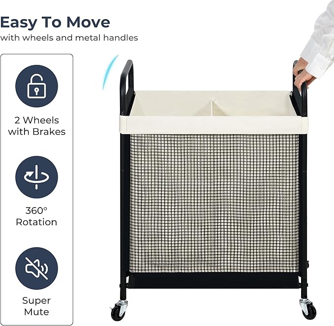 STO STO Laundry Hamper 2 Section, 100L Rolling Laundry Sorter Cart with Removable and Washable Liner Bag, Rolling Clothes Hamper with Metal Handle for Laundry Room and Bedroom-Ruum Studio Home