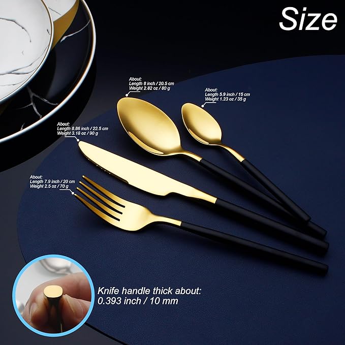 24 Piece Silverware Set For 6 Gold & Matte Black Handle Heavy duty 18/10 Stainless Steel Flatware Set Modern Design Knife/Fork/Spoon Mirror Polished Dishwasher Safe Cutlery Set with Gifts-Ruum Studio Home