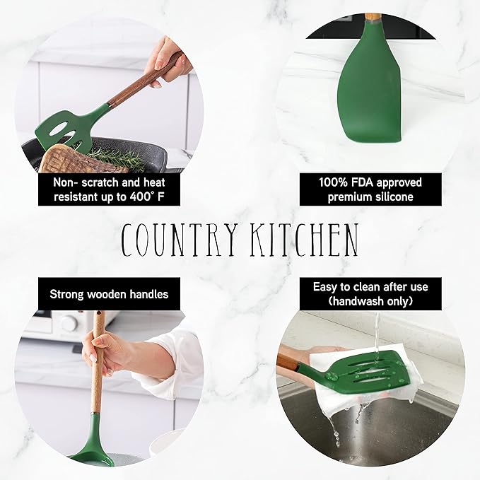 Country Kitchen Non Stick Silicone Utensil Set with Rounded Wood Handles for Cooking and Baking, 8 Piece Set, Green-Ruum Studio Home