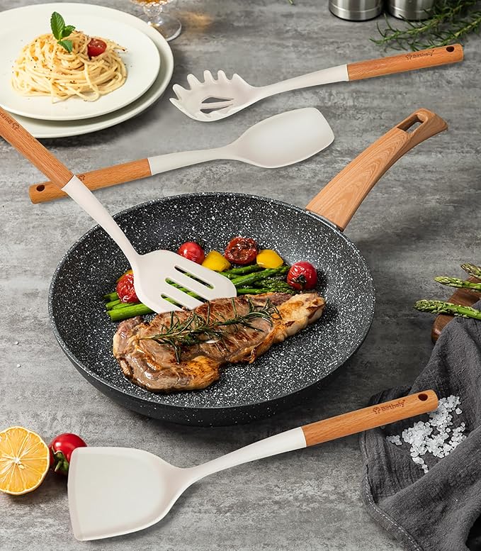 Silicone Cooking Utensils Set, 6 Pack Large Kitchen Utensils Set with Wooden Handle, Heat Resistant Silicone Utensil Spatula Set for Nonstick Cookware, Spatula, Turner, Spoon, Ladle BPA Free (White)-Ruum Studio Home