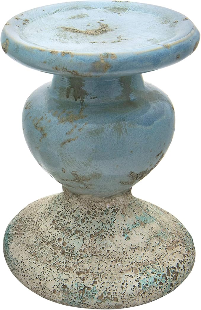 Creative Co-Op Large Distressed Blue Terracotta Pillar Candle Holder-Ruum Studio Home