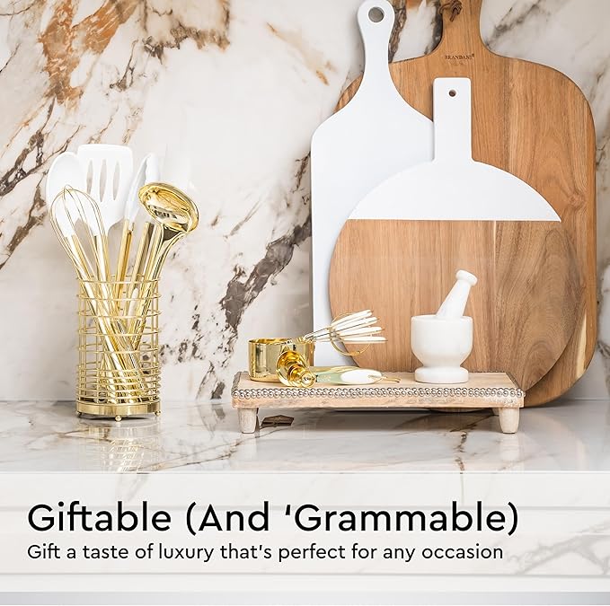 White and Gold Kitchen Utensils Set - 23-Piece Gold Kitchen Accessories Include Measuring Cups and Spoons Set, Silicone Utensils, and Utensil Holder for Baking, Cooking, and Stylish Kitchen Decor-Ruum Studio Home