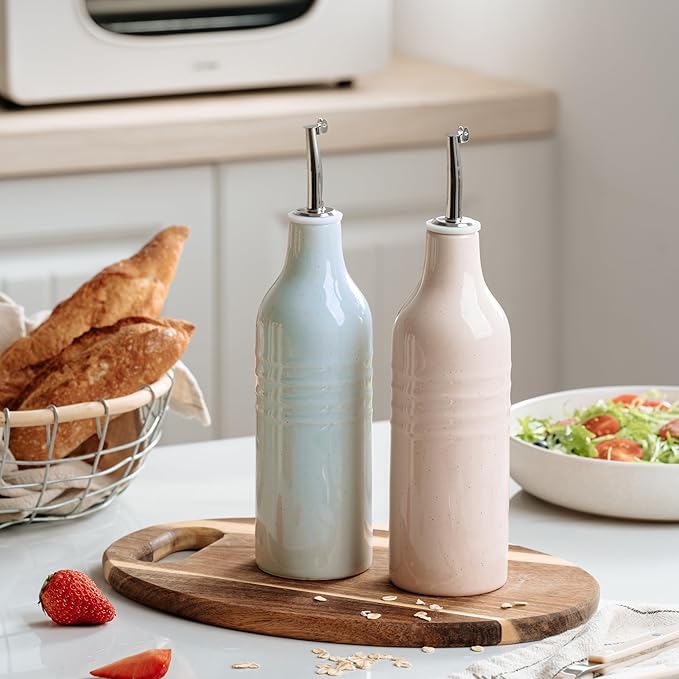 famiware Jupiter 16oz Ceramic Olive Oil Dispenser Bottle, Olive Oil and Vinegar Dispenser Bottle Set of 2 with Stainless Steel Pourers, Suitable for Storage Vinegar, Liquids, Light Blue & Light Pink-Ruum Studio Home