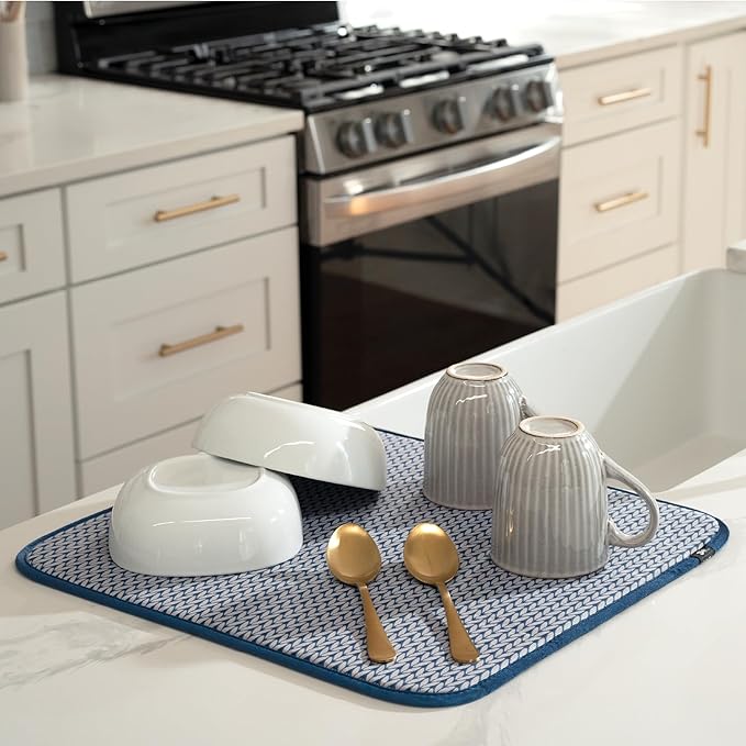 S&T INC. Dish Drying Mat, 16” x 18”, Absorbent Microfiber Kitchen Counter Mat, Dish Drying Pad for Dishes, Utensils, Pots and Pans, Large, Blue Stockinette-Ruum Studio Home