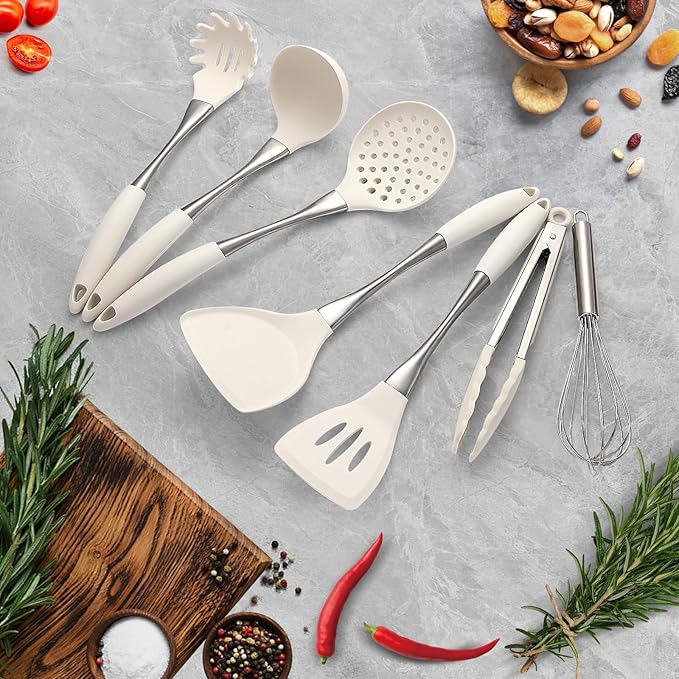 Premium White Silicone Cooking Utensils Set-Non-Toxic, Heat Resistant, BPA Free Kitchen Utensils Set with Spatula, Spoon, Whisk & Tongs-Non-Stick& Dishwasher Safe for Nonstick Cookware-Ruum Studio Home