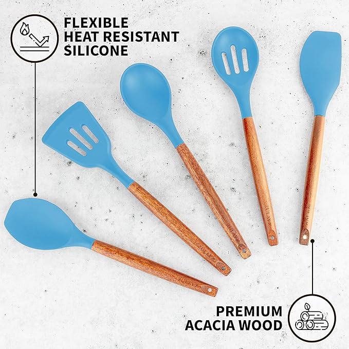 Zulay Kitchen Non-Stick Cooking Utensils Set with Authentic Acacia Wood Handles – 5-Piece Durable & Stylish Silicone Kitchen Utensils Set – Heat Resistant to 464°F – Blue-Ruum Studio Home