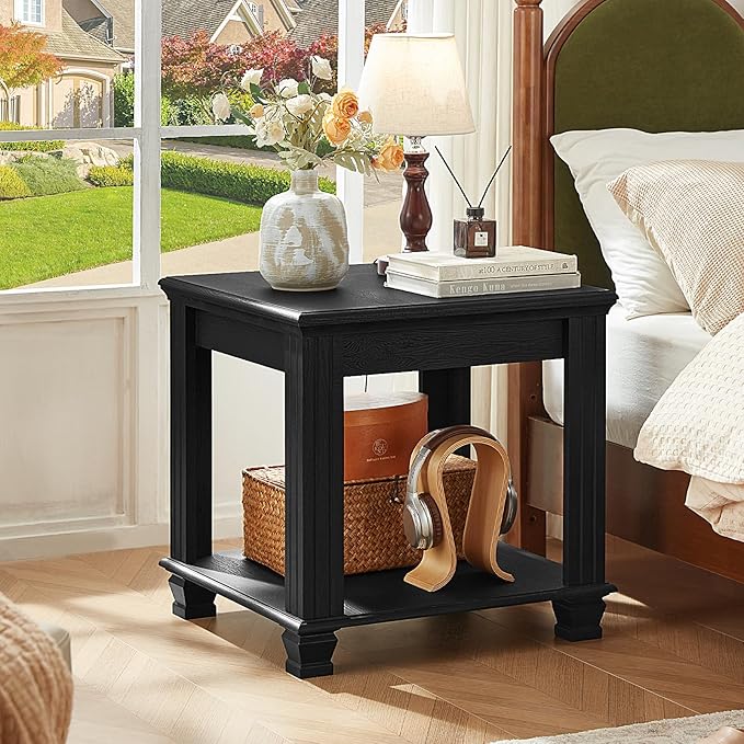 Farmhouse End Table,Large Side Table with 2-Tier Storage Shelf,Rustic Wood End Tables for Living Room,Square Tea Table,Black-Ruum Studio Home