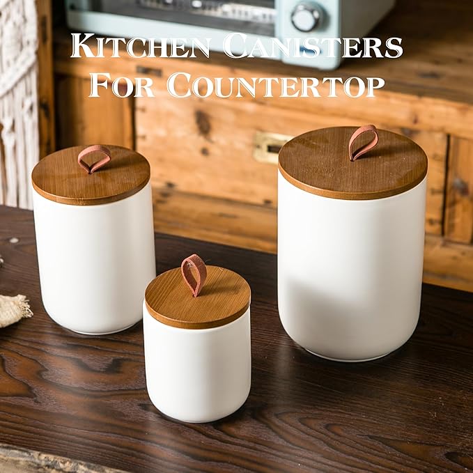 JOJUNO White Ceramic Canister Set with Wooden Lid, 3-Piece Airtight Food Storage Jars for Kitchen Counter - Flour, Sugar, Coffee, Tea, Spice - Small, Medium, Large Sizes-Ruum Studio Home