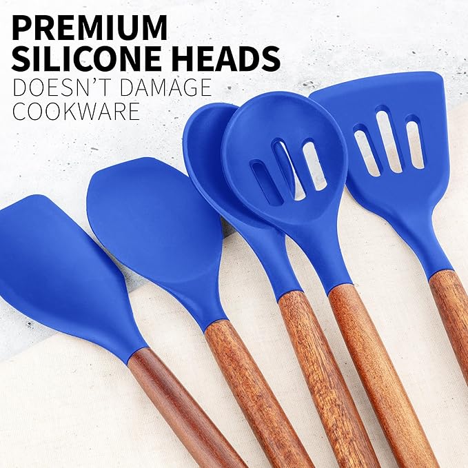 Zulay Kitchen Non-Stick Silicone Cooking Utensils Set with Acacia Wood Handles - 5 Piece Set - Heat Resistant to 464F - Dark Blue-Ruum Studio Home