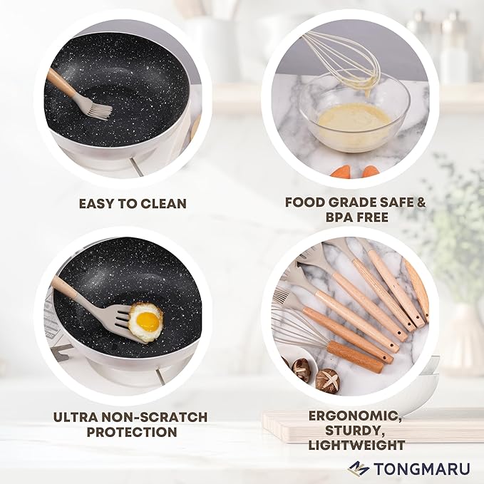 Silicone Cooking Utensils Set, Premium Beech Wood Handle Kitchen Gadgets Utensil Set, Non-Stick Kitchen Utensils Spatula, Tongs, Turner, Whisk, Brush, Spoon, BPA FREE, 446°F Resistant (Khaki)-Ruum Studio Home