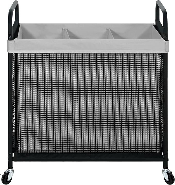 STO STO Laundry Hamper 3 Section, 120L Rolling Laundry Sorter Cart with Removable and Washable Liner Bag, Rolling Clothes Hamper with Metal Handle for Laundry Room and Bedroom, Gray-Ruum Studio Home