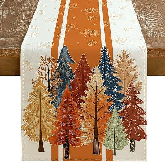 GEEORY Fall Watercolor Trees & Maple Leaves Striped Table Runner 13x60 Inch, Rustic Farmhouse Autumn Thanksgiving Decor for Kitchen, Dining, Indoor/Outdoor Holiday Dinner Party Orange GT157-60-Ruum Studio Home