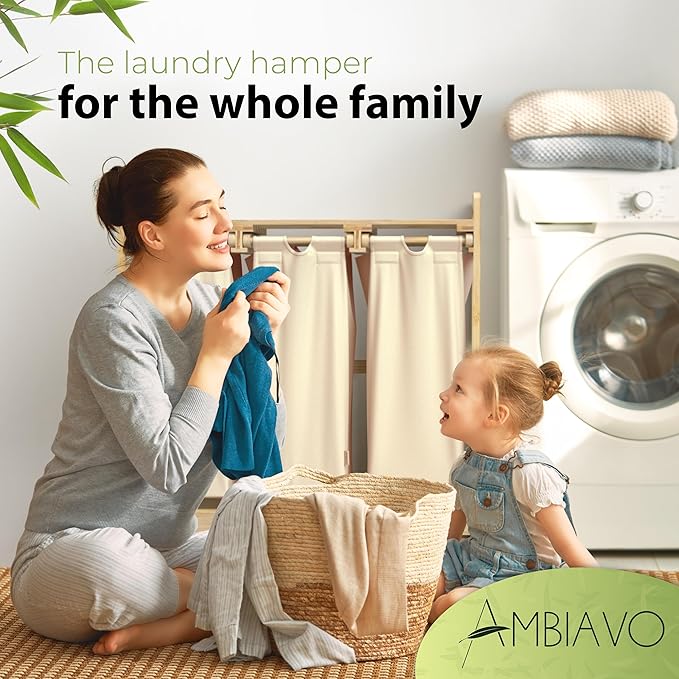 Laundry Hamper 3 Section beige - Large Bamboo Laundry Sorter with Removable Cotton Bags -Three Compartment Organizer for Clothes - Durable, Eco-Friendly, and Stylish Storage Solution for Home-Ruum Studio Home