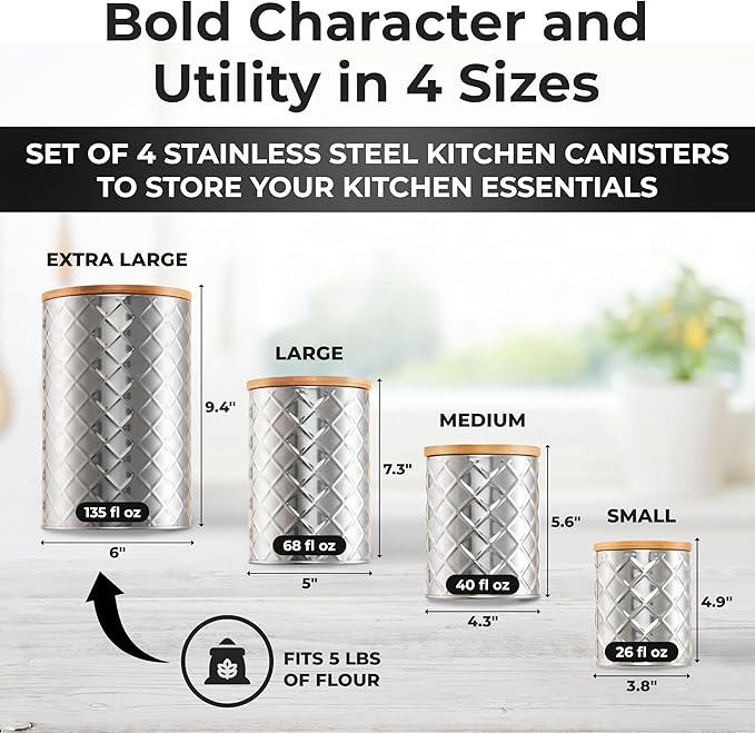 Pebble & Stem® Silver Stainless Steel Canister Set for Kitchen Counter, Food-Grade Canister Set of 4, Airtight Lids, Sugar and Flour Containers for Countertop, Coffee and Tea Storage, Farmhouse Decor-Ruum Studio Home