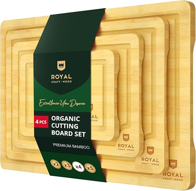 ROYAL CRAFT WOOD Wooden Cutting Boards for Kitchen Meal Prep & Cutting - Bamboo Wood Cutting Board Set with Deep Juice Groove Side Handles - Charcuterie & Chopping Butcher Block for Meat (4 Pcs)-Ruum Studio Home