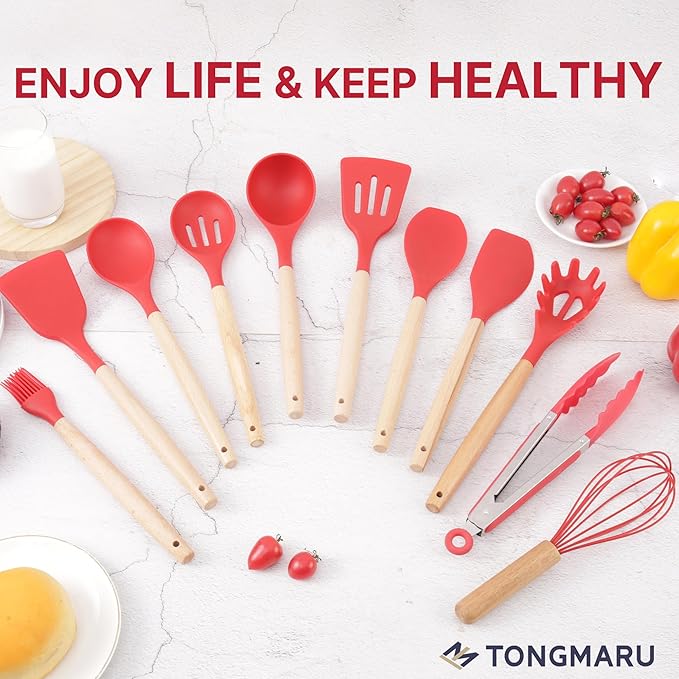 Silicone Cooking Utensils Set, Premium Beech Wood Handle Kitchen Gadgets Utensil Set, Non-Stick Kitchen Utensils Spatula, Tongs, Turner, Whisk, Brush, Spoon, BPA FREE, 446°F Resistant (Red)-Ruum Studio Home