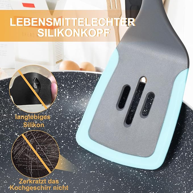 6-Piece Silicone Kitchen Utensil Set with Rotating Stand, Non-Stick, Heat-Resistant (400°F), Nylon Handle, Cooking Spatula Set for Baking & Cooking, Light Blue-Ruum Studio Home