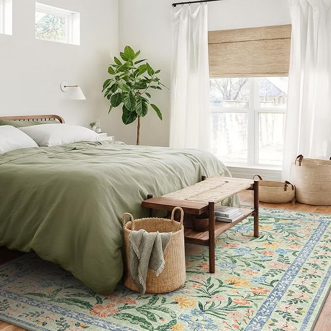 Wonnitar Boho Washable Rugs 8x10, Large Floral Rugs for Bedroom, 8 x 10 Soft Green Living Room Carpet, Non Slip Ultra-Thin Carpet for Kids Playroom Dorm Dining Room-Ruum Studio Home