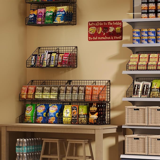 X-cosrack 3 Tier Large Stackable Snack Organizer - Versatile Wall Mounted Wire Storage Basket with Divider for Candy Chip Cans Bars - Ideal for Pantry Office Home-Ruum Studio Home