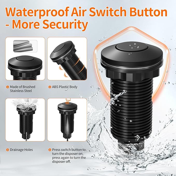 Joinfworld Garbage Disposal Air Switch Kit Waterproof Garbage Disposal Button Kit with Long Garbage Disposal Switch Matte Black - UL Listed-Ruum Studio Home
