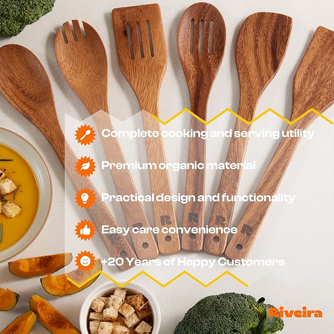 Riveira Walnut Wooden Spoons for Cooking Set of 6 – Natural Walnut Wooden Cooking Utensils, Spatula, Spoon - Premium Quality Utensil Set for Non-Toxic Cooking-Ruum Studio Home
