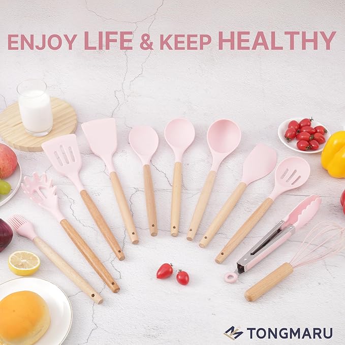 Silicone Cooking Utensils Set, Premium Beech Wood Handle Kitchen Gadgets Utensil Set, Non-Stick Kitchen Utensils Spatula, Tongs, Turner, Whisk, Brush, Spoon, BPA FREE, 446°F Resistant (Pink)-Ruum Studio Home