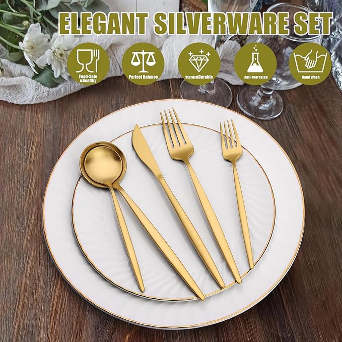 20 Piece Gold Silverware Set for 4, Terlulu Stainless Steel Flatware Set, Gold Cutlery Set Utensils Set, Tableware Include Forks Knives Spoons for Home Kitchen Restaurant Wedding, Satin Finish-Ruum Studio Home