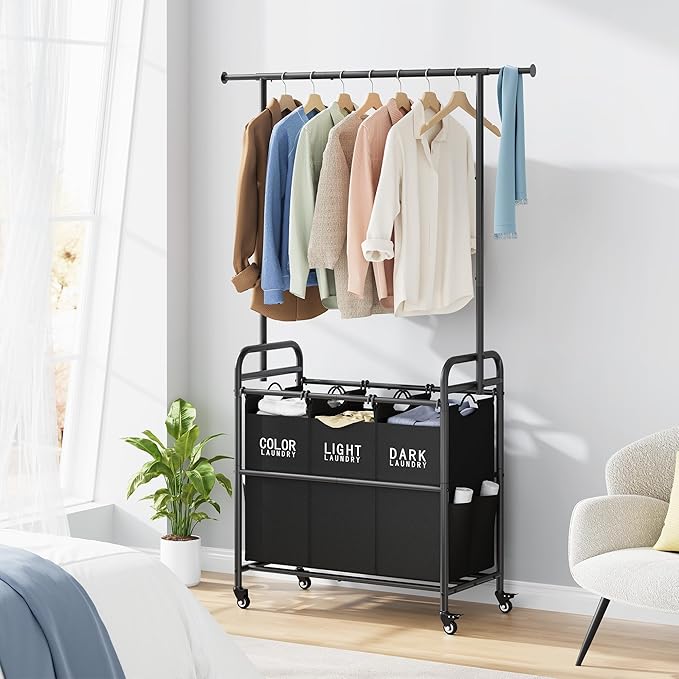 Tajsoon Laundry Sorter Cart with Hanging Rack, Laundry Sorter 3 Section, Laundry Hamper with Heavy Duty Rolling Lockable Wheels, Black-Ruum Studio Home