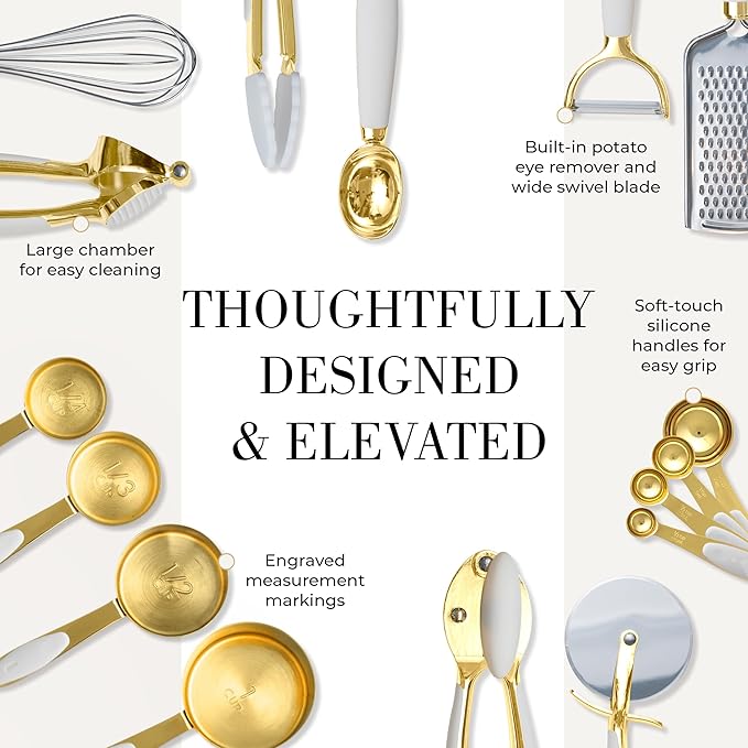 Styled Settings White and Gold Kitchen Utensils Set – 16-Piece Silicone Cooking Utensils with Measuring Cups and Spoons-Ruum Studio Home