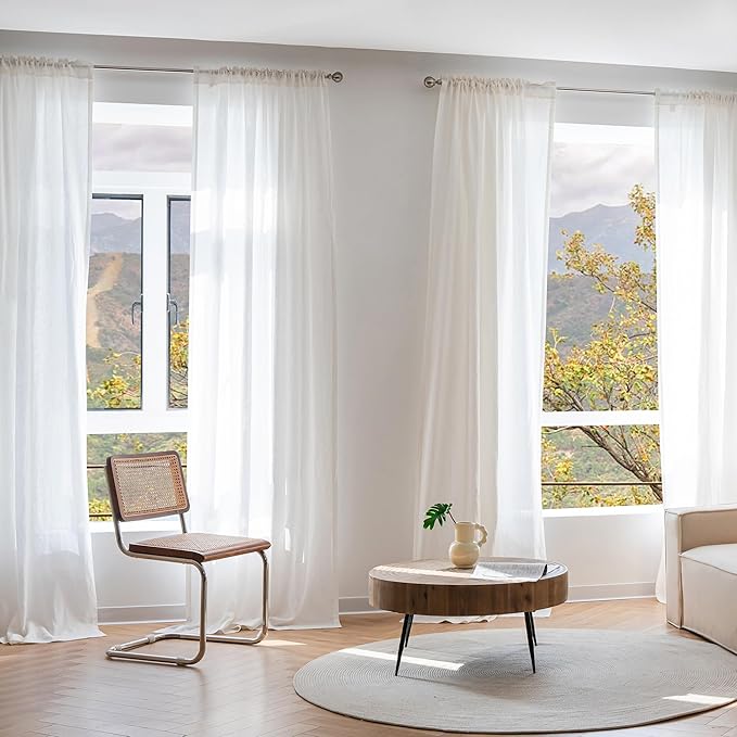 MYSKY HOME White Linen Curtains for Living Room, 100% Linen Natural Semi Sheer Curtains & Drapes 84 inches Length 2 Panels Farmhouse Country Light Filtering Bedroom Window Rod Pocket, 50" Wide, White-Ruum Studio Home