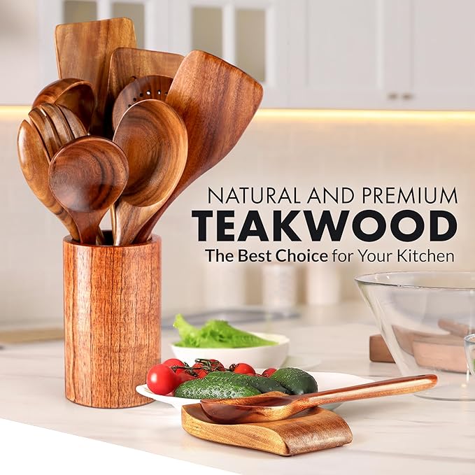 Zulay Kitchen 10-Piece Wooden Spoons for Cooking - Smooth Finish Teak Wooden Utensils for Cooking - Soft Comfort-Grip Wood Spoons for Cooking - Non-Stick Wooden Cooking Utensils - Wooden Spoon Sets-Ruum Studio Home