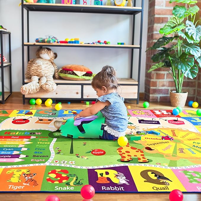 9x12 Washable Area Rug, Educational and Fun Kids Rug for Classroom Playroom Living Room Bedroom, Learning and Safe Playmat with ABC Alphabet Animals,Baby Toddler Children Play Mat-Ruum Studio Home