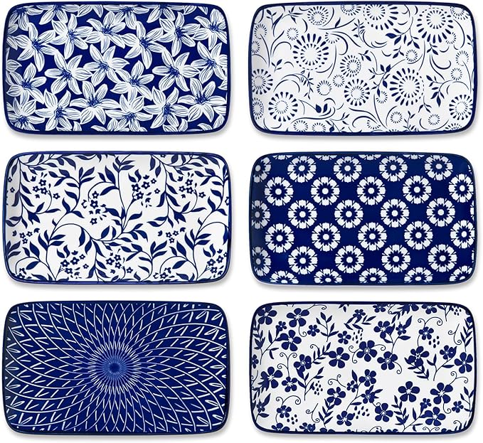 vancasso Selene 8.5 Inch Rectangular Salad Plates Set of 6, Ceramic Salad Plates for Sushi, Dessert, Appetizer, Porcelain Platters for Kitchen Decor, Microwave & Oven Safe, Vintage Blue & White Color-Ruum Studio Home