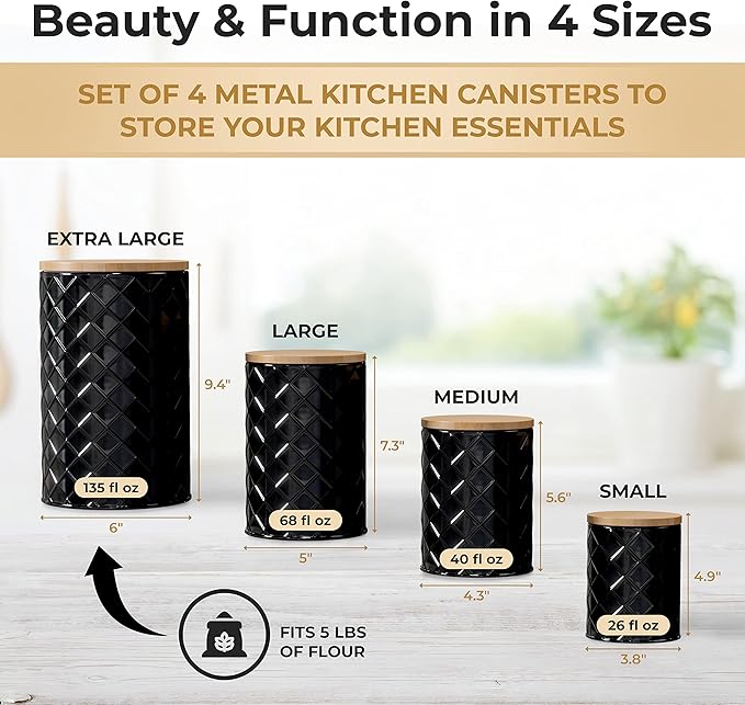 Pebble & Stem® Black Metal Canister Set for the Kitchen Counter, Food Canister Set of 4, Airtight Lids, Sugar and Flour Containers for Countertops, Coffee and Tea Storage, Farmhouse Decor-Ruum Studio Home