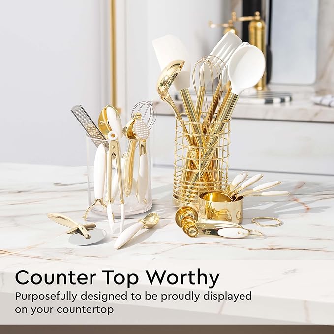 White and Gold Kitchen Utensils Set - 23-Piece Gold Kitchen Accessories Include Measuring Cups and Spoons Set, Silicone Utensils, and Utensil Holder for Baking, Cooking, and Stylish Kitchen Decor-Ruum Studio Home