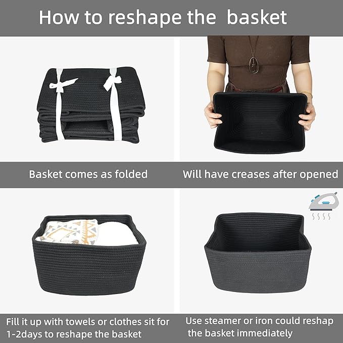 Cotton Rope storage Basket Bins 14.5X9.5X9.3“ Woven Basket for Organizing Shelves Rectangle Decorative Baskets For storage Clothes Toys Books Towels Square Wicker Nursery basket organizer 3 pack black-Ruum Studio Home