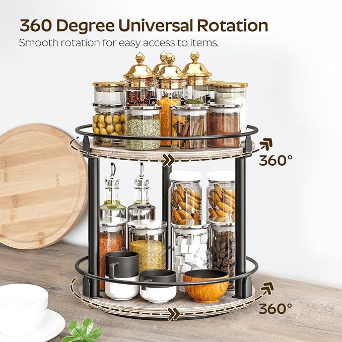 Lazy Susan Organizer, Rotating Spice Rack, 2 Tier Spice Turntable Organizer, Industrial Turntable Spice Holder, for Kitchen Countertop and Cabinet, Compact and Versatile, Greige SR22BG-Ruum Studio Home