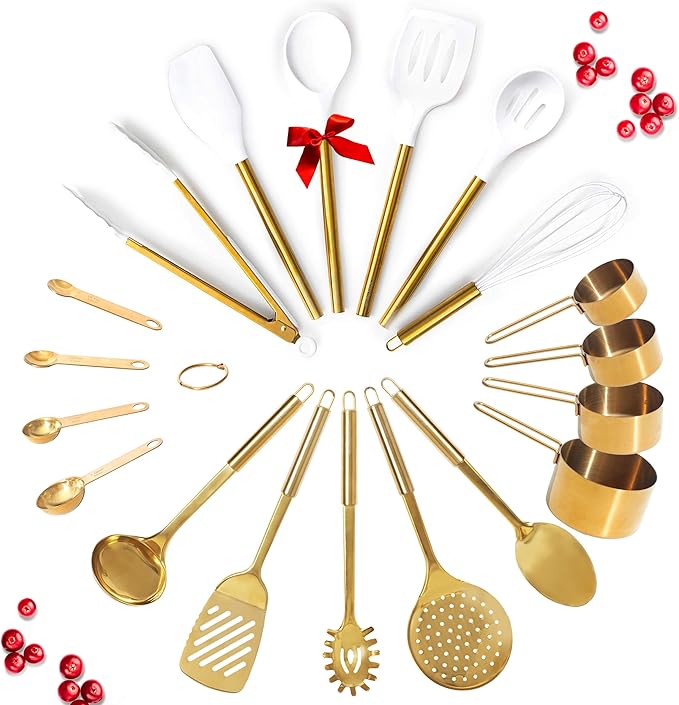 Gold Kitchen Utensils Set - 19-Piece Set Includes Stainless Steel Gold Utensils, White Silicone Tools, and Measuring Cups and Spoons - Luxury Kitchen Accessories for Modern Cooking, Serving, & Gifting-Ruum Studio Home