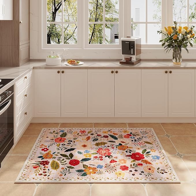 Door Mat Indoor Entrance 2x3 Rug Machine Washable Boho Floral Small Area Rug Non-Slip Low Pile Throw Rugs for Entryway, Kitchen, Front Door Indoor Entrance, Entry, Kids Room (Beige)-Ruum Studio Home