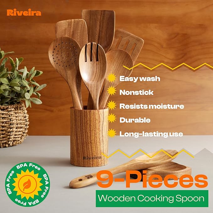 Riveira 9 Pieces Teak Wooden Spoons For Cooking – Premium & Durable Organic Teak Wooden Cooking Utensils – Non Stick Wooden Spatula For Cooking – Non Toxic Utensil Set With Holder & Spoon Rest-Ruum Studio Home