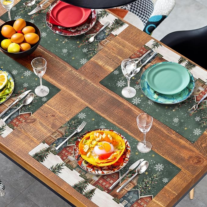 Christmas Placemats 12x18 Inch Set of 4, Winter Xmas Tree Wonderland Forest Village Town House Snowflake Linen Table Mats Washable Place Mats for Party Kitchen Dining Outdoor Indoor Decor-Ruum Studio Home