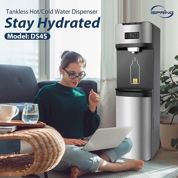iSpring Bottleless Water Dispenser with Built-in 4-Stage Filtration, Hot/Cold/Room Temp, Self Cleaning, Stainless Steel, Model: DS4S-Ruum Studio Home