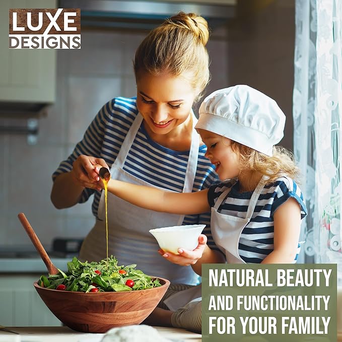 Luxe Designs Wooden Salad Bowl Set - Food Safe & Sustainable Decorative Bowl - Wood Bowl for Fruits, & Salads - Easy to Clean Large Salad Bowls Set w/Spoon, Fork – Wooden Bowls for Food (Natural)-Ruum Studio Home