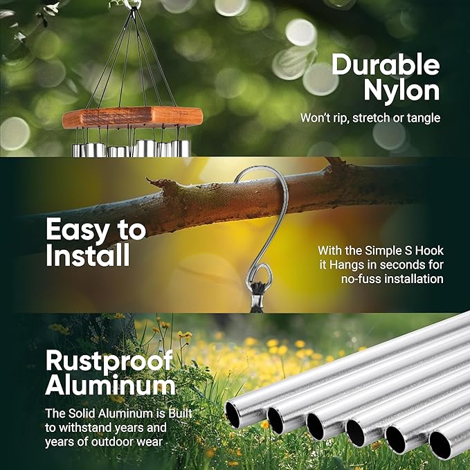 Nature’s Melody Premiere Grande Tunes Wind Chimes – Outdoor Windchime with 6 Tubes Tuned to E Pentatonic Scale, Rustproof Aluminum, Beech Wood & S Hook Hanger for Sympathy, Memorial Gift or Zen Garden-Ruum Studio Home