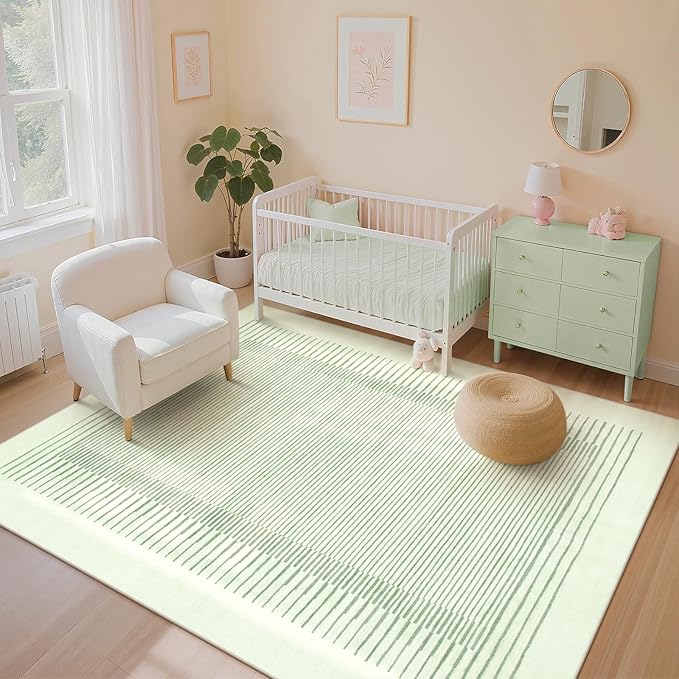 Wonnitar Washable Striped 8x10 Rugs for Living Room, Non-Slip Soft Sage Green Bedroom Rug, Low Pile Minimalist Floor Carpet for Nursery Playroom Dining Room Department (Green, 8' x 10')-Ruum Studio Home