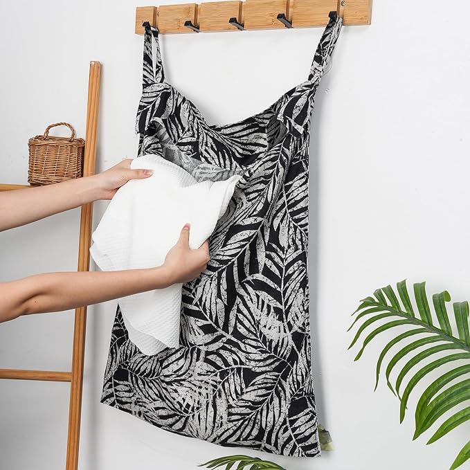 Linen Hanging Laundry Bag, 100% Linen Leaf Print Over The Door Laundry Hamper with Buttons and Zipper, Space Saving Door Hampers for Laundry Dirty Clothes Home Travel, Black, 19.7x27.5inches-Ruum Studio Home