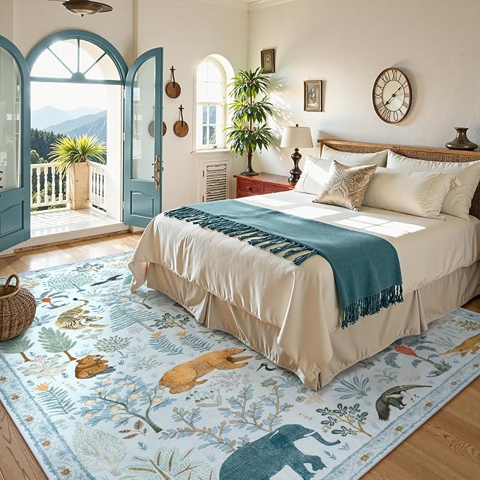 OJIA Animal Area Rugs 8x10, Soft 8x10 Washable Rugs for Living Room Bedroom, Non-Slip Boho Ultra-Thin Dining Room Rug Large Throw Carpet for Farmhouse Playroom Office, Light Blue-Ruum Studio Home