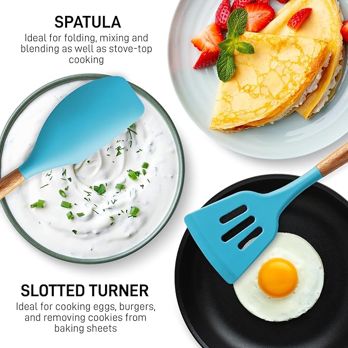 Zulay Kitchen Non-Stick Cooking Utensils Set with Authentic Acacia Wood Handles – 5-Piece Durable & Stylish Silicone Kitchen Utensils Set – Heat Resistant to 464°F – Blue-Ruum Studio Home