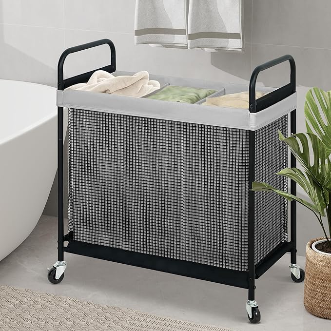 STO STO Laundry Hamper 3 Section, 120L Rolling Laundry Sorter Cart with Removable and Washable Liner Bag, Rolling Clothes Hamper with Metal Handle for Laundry Room and Bedroom, Gray-Ruum Studio Home